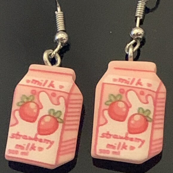 Strawberry Milk Earring, Milk Earring, Drink Earring, Funny Food Earring, Gift - Picture 1 of 4